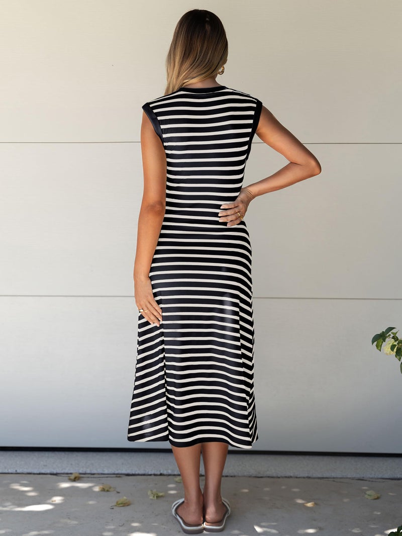 Glamaker Women Summer Tshirt Midi Dress Soft A Line Cap Sleeve Casual Sun Dress for Work Beach Vacation(Navy M) - Image 5