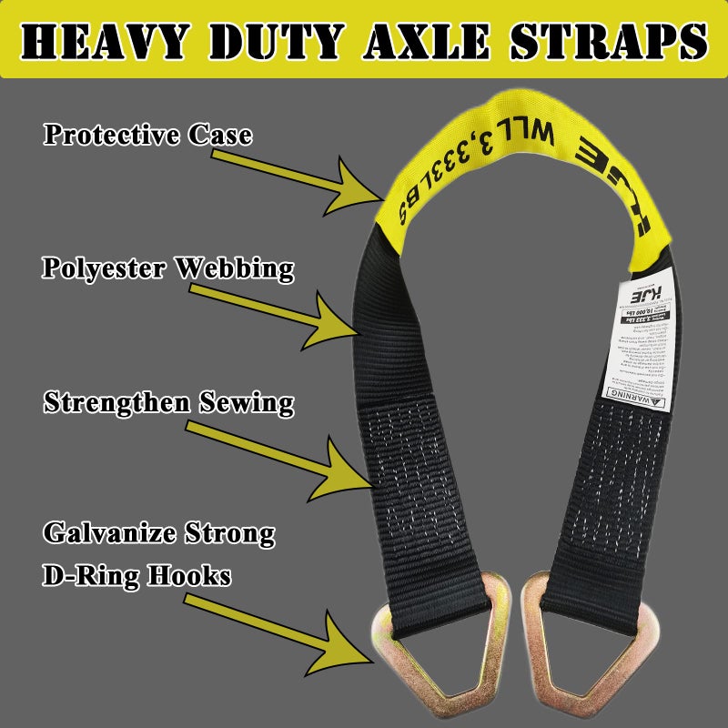 KJE Heavy Duty Car Trailer Tie Down Straps 4 Pack Kit - 2" x 8' Ratchet Straps + J-Hooks with Clip, 2" x 36'' Axle Straps - 10,000lbs Break Strength - Use for Car, Truck, UTV Transport - Image 5
