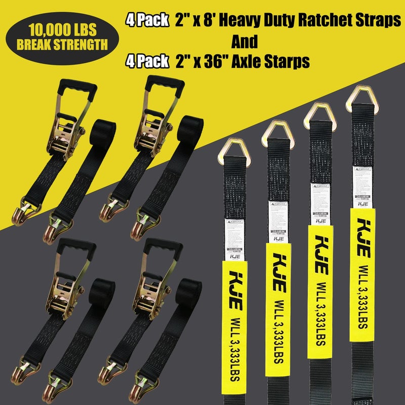 KJE Heavy Duty Car Trailer Tie Down Straps 4 Pack Kit - 2" x 8' Ratchet Straps + J-Hooks with Clip, 2" x 36'' Axle Straps - 10,000lbs Break Strength - Use for Car, Truck, UTV Transport - Image 2
