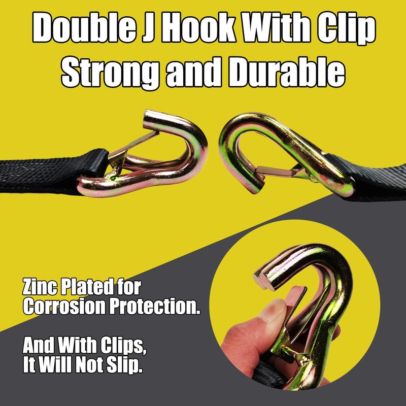 KJE Heavy Duty Car Trailer Tie Down Straps 4 Pack Kit - 2" x 8' Ratchet Straps + J-Hooks with Clip, 2" x 36'' Axle Straps - 10,000lbs Break Strength - Use for Car, Truck, UTV Transport - Image 4