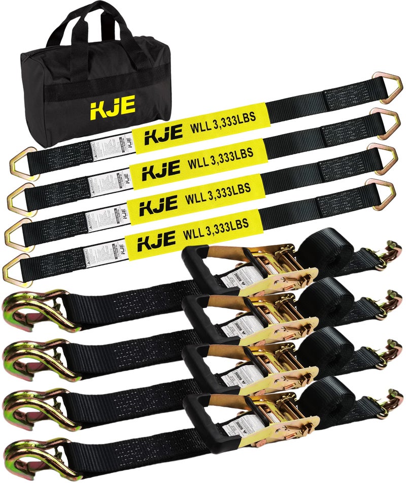 KJE Heavy Duty Car Trailer Tie Down Straps 4 Pack Kit - 2" x 8' Ratchet Straps + J-Hooks with Clip, 2" x 36'' Axle Straps - 10,000lbs Break Strength - Use for Car, Truck, UTV Transport - Image 1