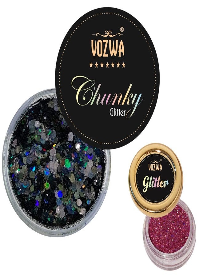 Vozwa Black Beauty Eyeshadow Chunky Glitter and Holographic Pink Eye Glitter - Image 2