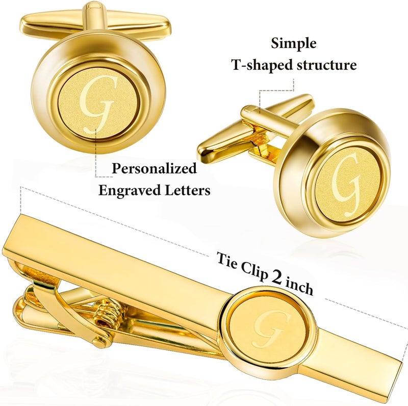 HAWSON 2 inch Tie Clips and Cufflinks Sets for Men A-Z Gold Engraved Letter Cufflinks and Tie Clips Sets for Formal Business Wedding - Image 4