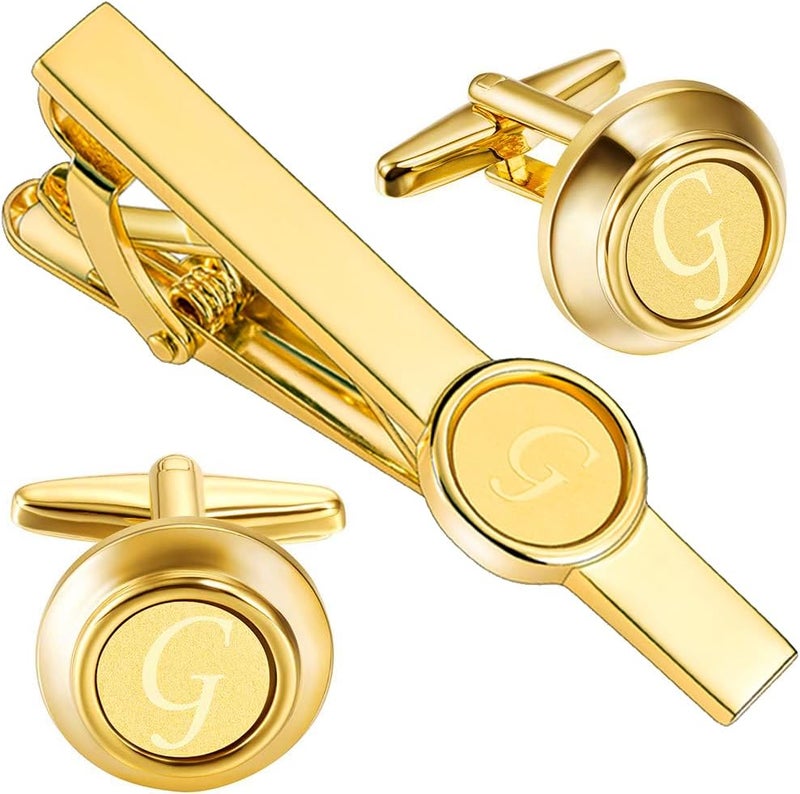 HAWSON 2 inch Tie Clips and Cufflinks Sets for Men A-Z Gold Engraved Letter Cufflinks and Tie Clips Sets for Formal Business Wedding - Image 1