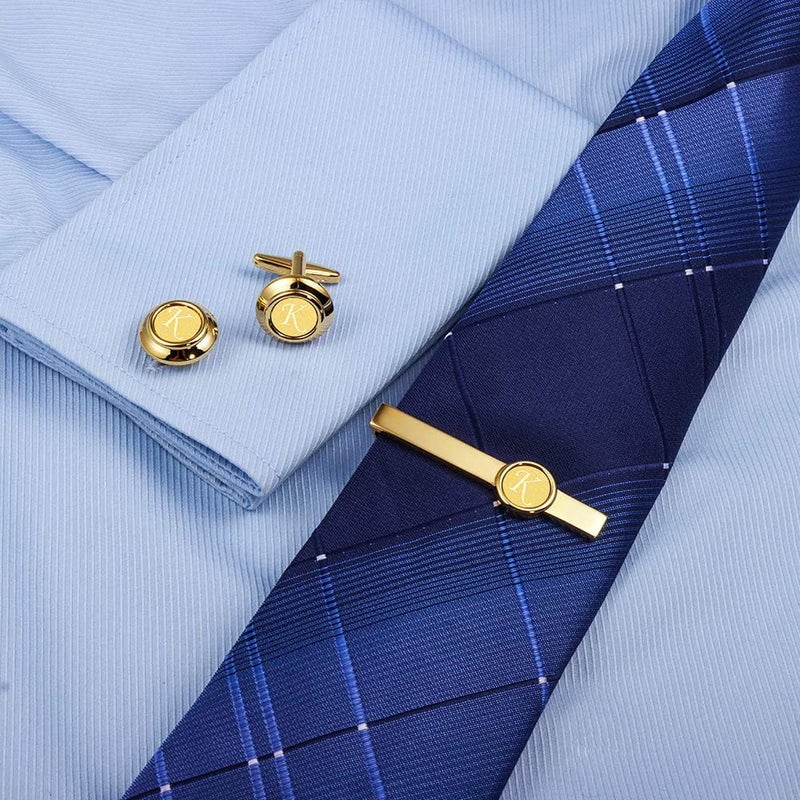 HAWSON 2 inch Tie Clips and Cufflinks Sets for Men A-Z Gold Engraved Letter Cufflinks and Tie Clips Sets for Formal Business Wedding - Image 2