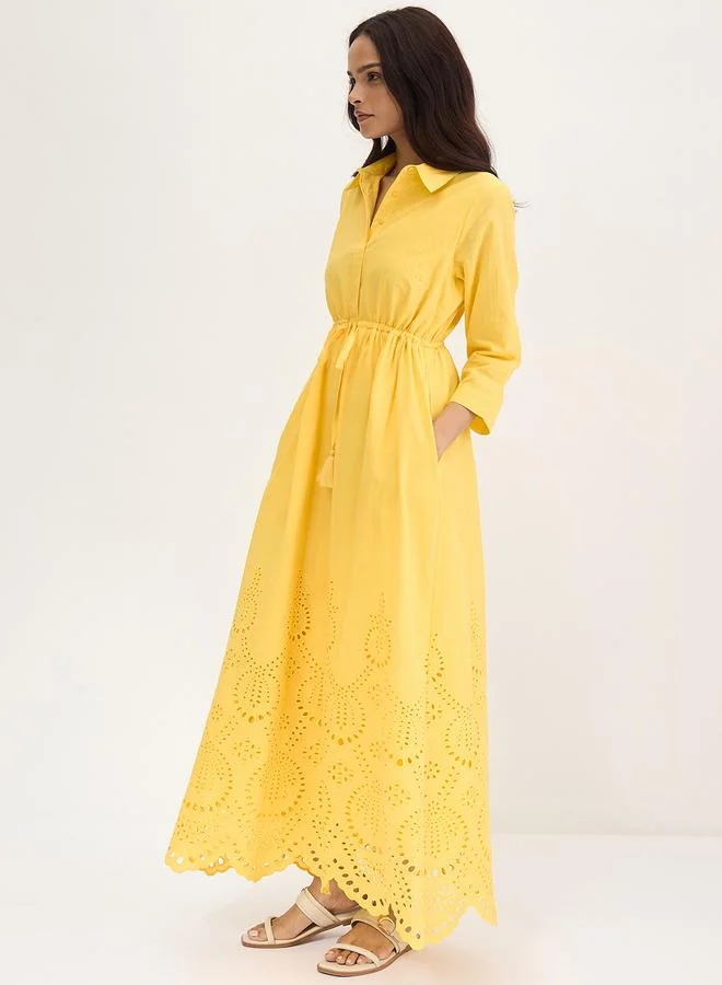 Femmella Yellow Schiffli Hem Maxi Shirt Dress