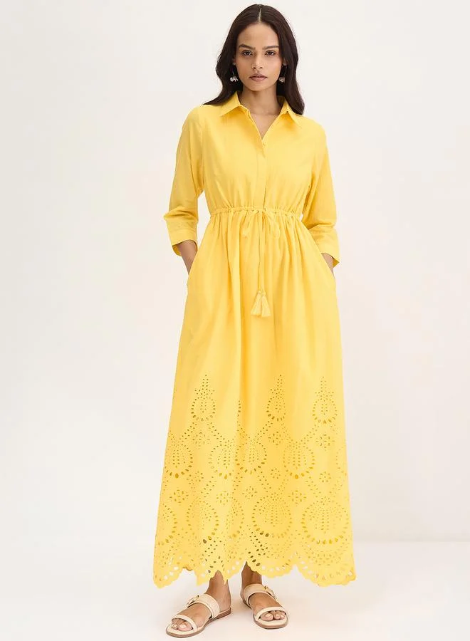 Yellow Schiffli Hem Maxi Shirt Dress
