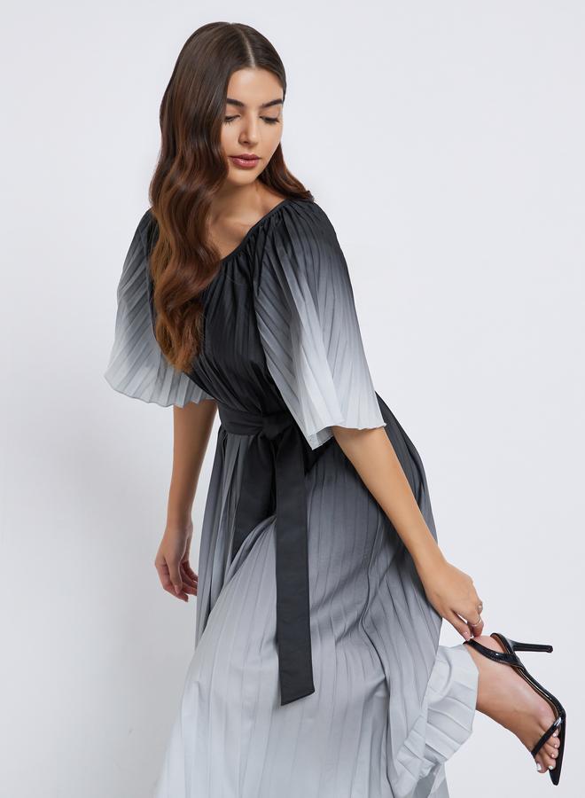 ستايلي فستان ميدي بحافة واسعة وكسرات - Image 1