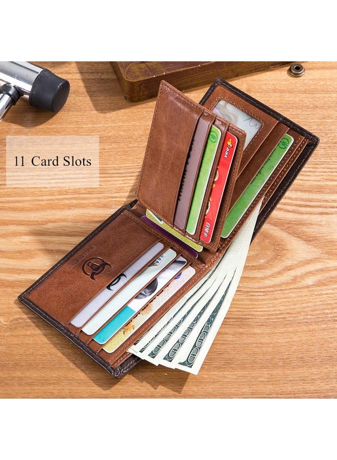 BULLCAPTAIN BULLCAPTAIN RFID Wallets for Men Slim Bifold Genuine Leather Front Pocket Wallet with 2 ID Windows QB-05 (Brown)  - Image 3