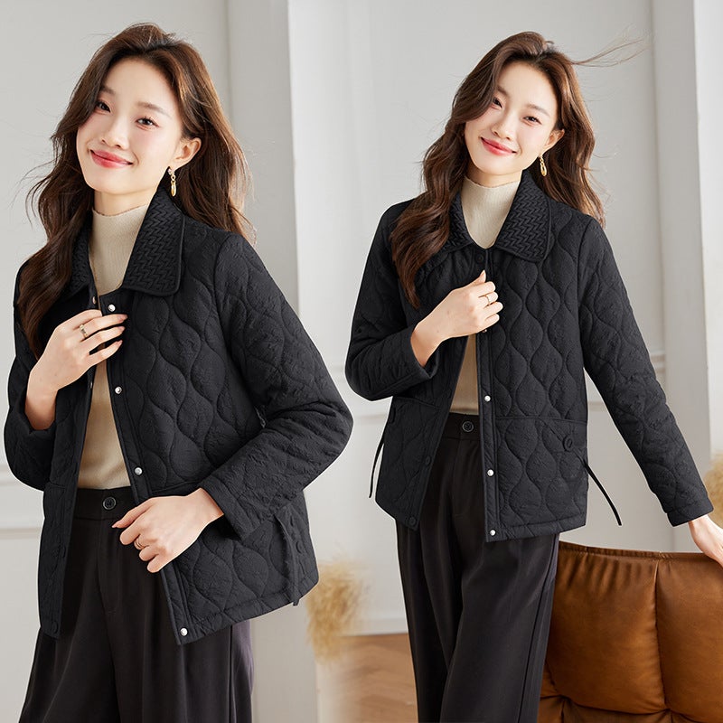 in stock Winter New Womens Korean Style Warm Lapel Down Cotton Womens Cotton Clothes W5216 Black  - Image 1