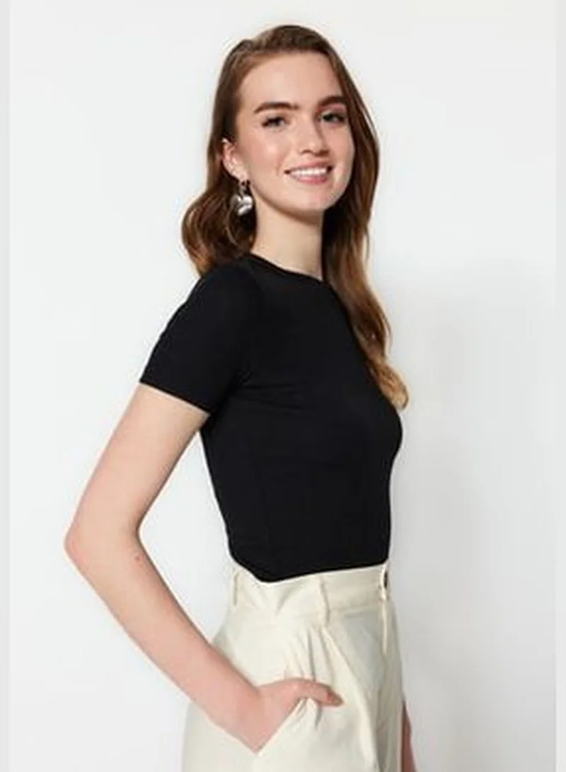 trendyol Black Half Sleeves Knitted Body Tunic With Snap Fastener