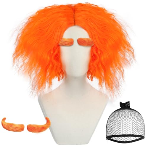 ANOGOL Wig Cap+ A Pair of Eyebrow Mad Wig for Men Orange Wigs Short Curly Cosplay Wigs with Middle Part Synthetic Hair for Anime Costume Wig for Halloween Party Funny Wig for Adult