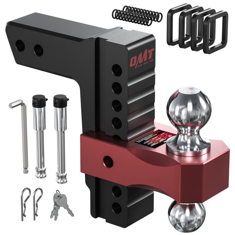 Orion Motor Tech Adjustable Trailer Hitch for 2.5 in. Receiver, Dual-Ball Mount Tow Hitch with 8" Drop/Rise 2" & 2-5/16" Balls, Drop Hitch with Locking Pins for Class IV V Vehicles 8000-18500 GTW, Red - Image 1