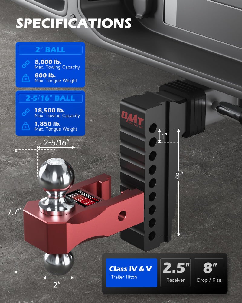 Orion Motor Tech Adjustable Trailer Hitch for 2.5 in. Receiver, Dual-Ball Mount Tow Hitch with 8" Drop/Rise 2" & 2-5/16" Balls, Drop Hitch with Locking Pins for Class IV V Vehicles 8000-18500 GTW, Red - Image 3