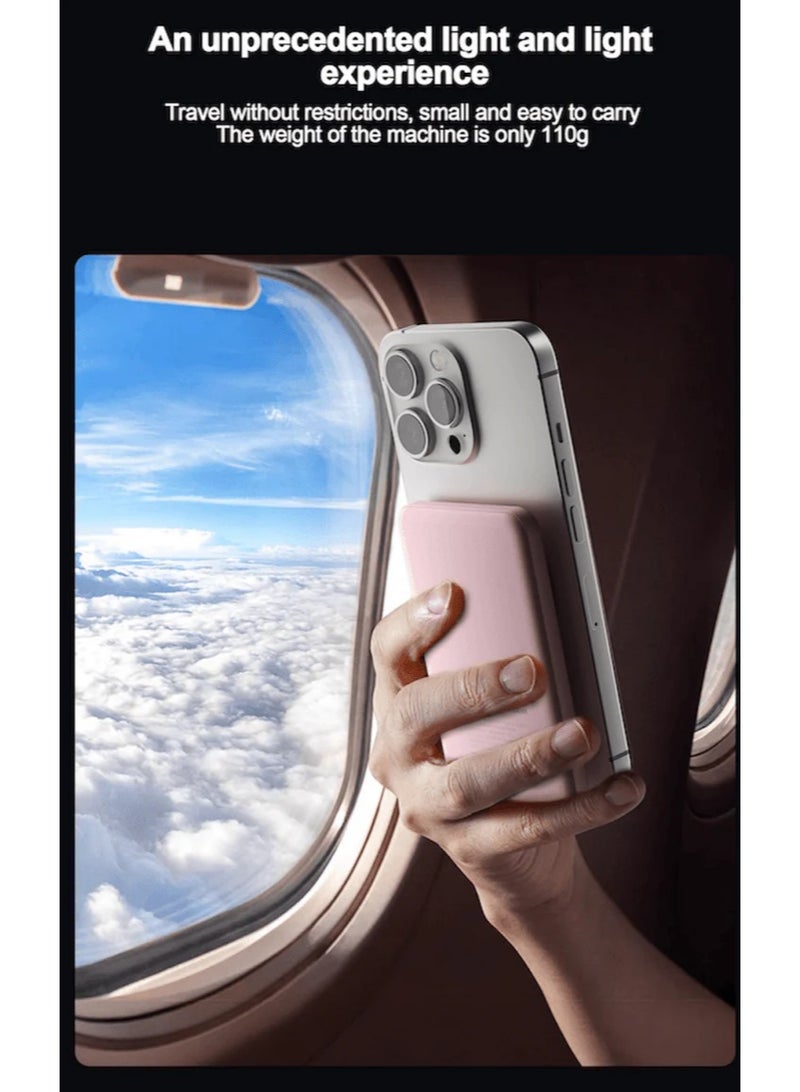 آيربوت بنك طاقة Airbot اللاسلكي بتقنية MagSafe وسعة 5000 مللي أمبير، مخصص للهواتف الذكية التي تدعم الشحن اللاسلكي. يتميز بوزن صافٍ خفيف للغاية يبلغ حوالي 110 غرامات فقط، وقوة امتزاز مغناطيسي عالية؛ فهو خفيف الوزن ومزود بمغناطيس، مما يجعله بنك طاقة محمولاً مثالياً للسفر. كما يدعم الشحن السريع بقدرة 20 واط عند الشحن السلكي. (اللون: وردي) - Image 4