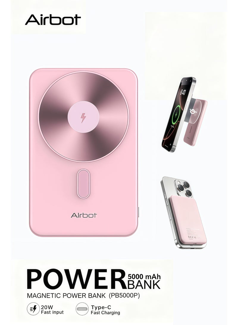 آيربوت بنك طاقة Airbot اللاسلكي بتقنية MagSafe وسعة 5000 مللي أمبير، مخصص للهواتف الذكية التي تدعم الشحن اللاسلكي. يتميز بوزن صافٍ خفيف للغاية يبلغ حوالي 110 غرامات فقط، وقوة امتزاز مغناطيسي عالية؛ فهو خفيف الوزن ومزود بمغناطيس، مما يجعله بنك طاقة محمولاً مثالياً للسفر. كما يدعم الشحن السريع بقدرة 20 واط عند الشحن السلكي. (اللون: وردي) - Image 1