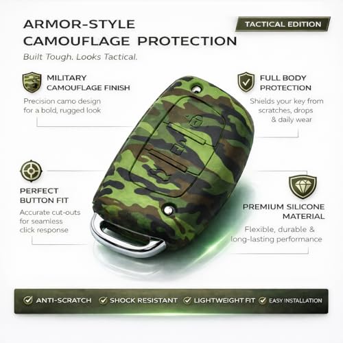 JVCV® Silicone Key Cover Compatible with Hyundai Creta, i10, i20, Xcent, Verna, Tucson, Elantra, Nios – Soft, Durable, Anti-Slip Key Fob Protector, Stylish Car Key Case (Green Camouflage) - Image 3