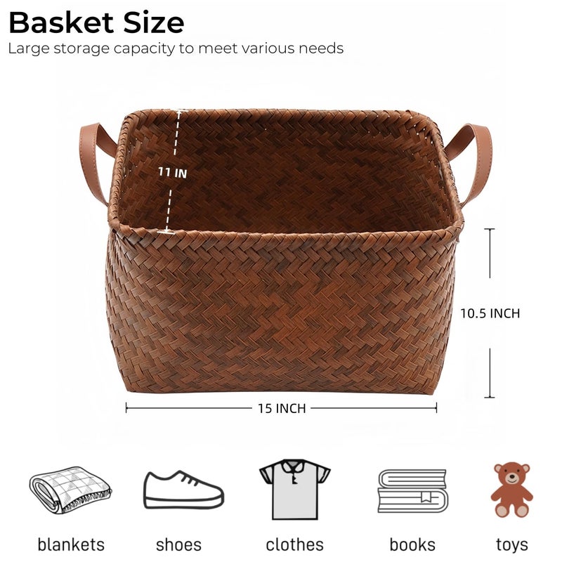 GIB cleaningtool GIB Large Wicker Storage Baskets for Shelves Clothes Blankets Basket Woven Laundry Basket for Organizing, Decorative Rectangular Closet Organizers and Storage Bins with Handles, Brown, 4 Pack - Image 3