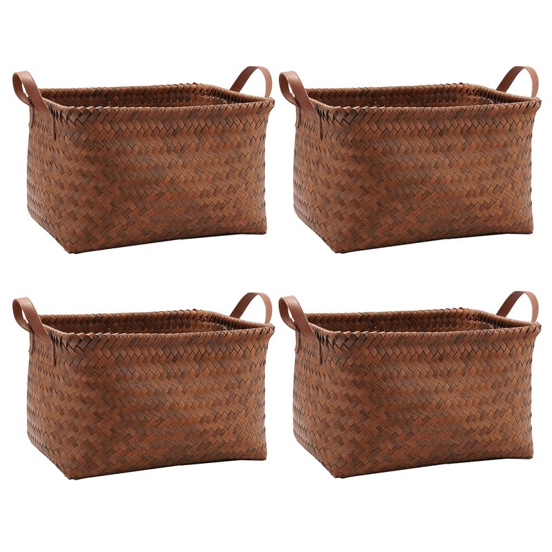 GIB cleaningtool GIB Large Wicker Storage Baskets for Shelves Clothes Blankets Basket Woven Laundry Basket for Organizing, Decorative Rectangular Closet Organizers and Storage Bins with Handles, Brown, 4 Pack - Image 1