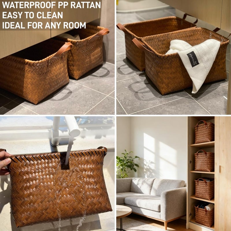 GIB cleaningtool GIB Large Wicker Storage Baskets for Shelves Clothes Blankets Basket Woven Laundry Basket for Organizing, Decorative Rectangular Closet Organizers and Storage Bins with Handles, Brown, 4 Pack - Image 5