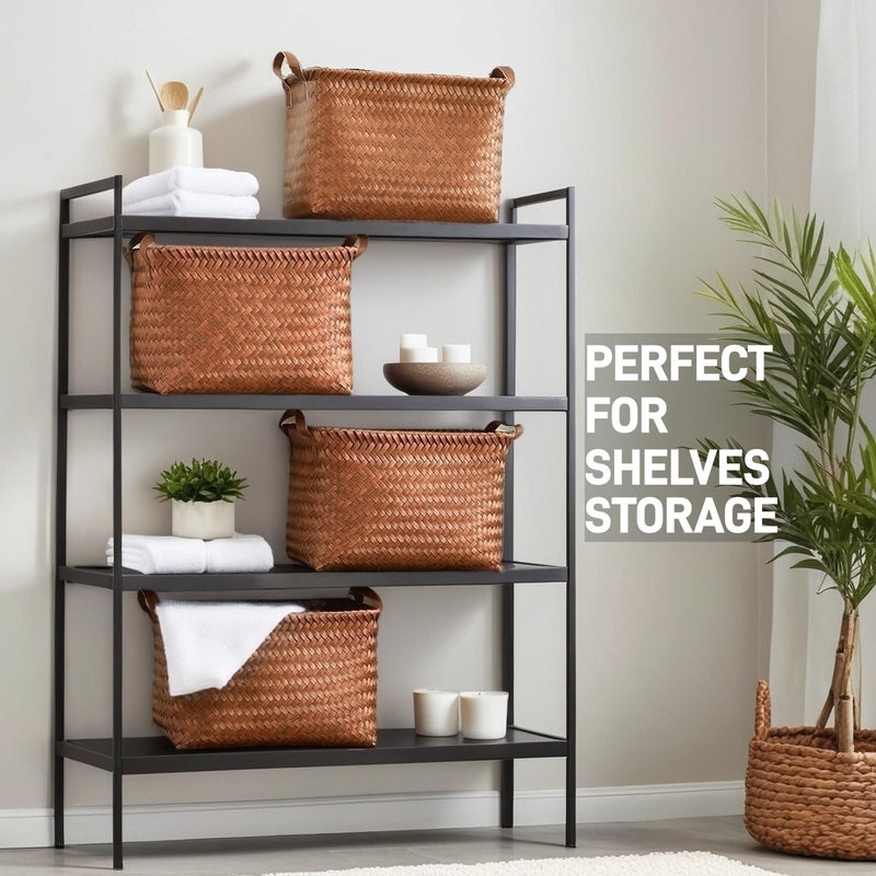 GIB cleaningtool GIB Large Wicker Storage Baskets for Shelves Clothes Blankets Basket Woven Laundry Basket for Organizing, Decorative Rectangular Closet Organizers and Storage Bins with Handles, Brown, 4 Pack - Image 2
