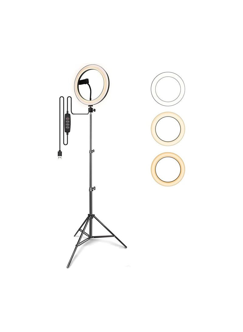 رينج لايت 26 سم مع يو إس بي ودعم صوتي – أبيض – إضاءة ثابتة للتصوير والمكياج - Image 1