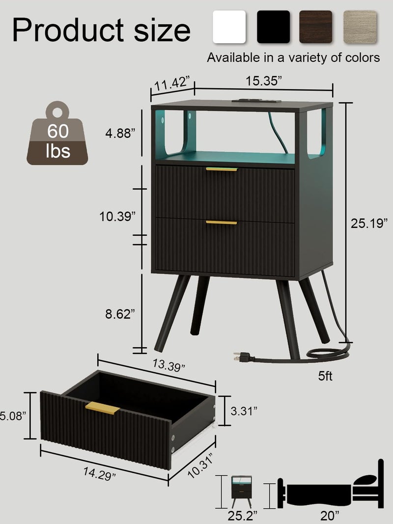 Leomonio Nightstand with Charging Station and LED Lights, Modern Bedside Table with 2 Storage Drawer and Open Wood Shelf for Bedroom and Small Spaces, Night Stand with Solid Wood Legs - Image 2