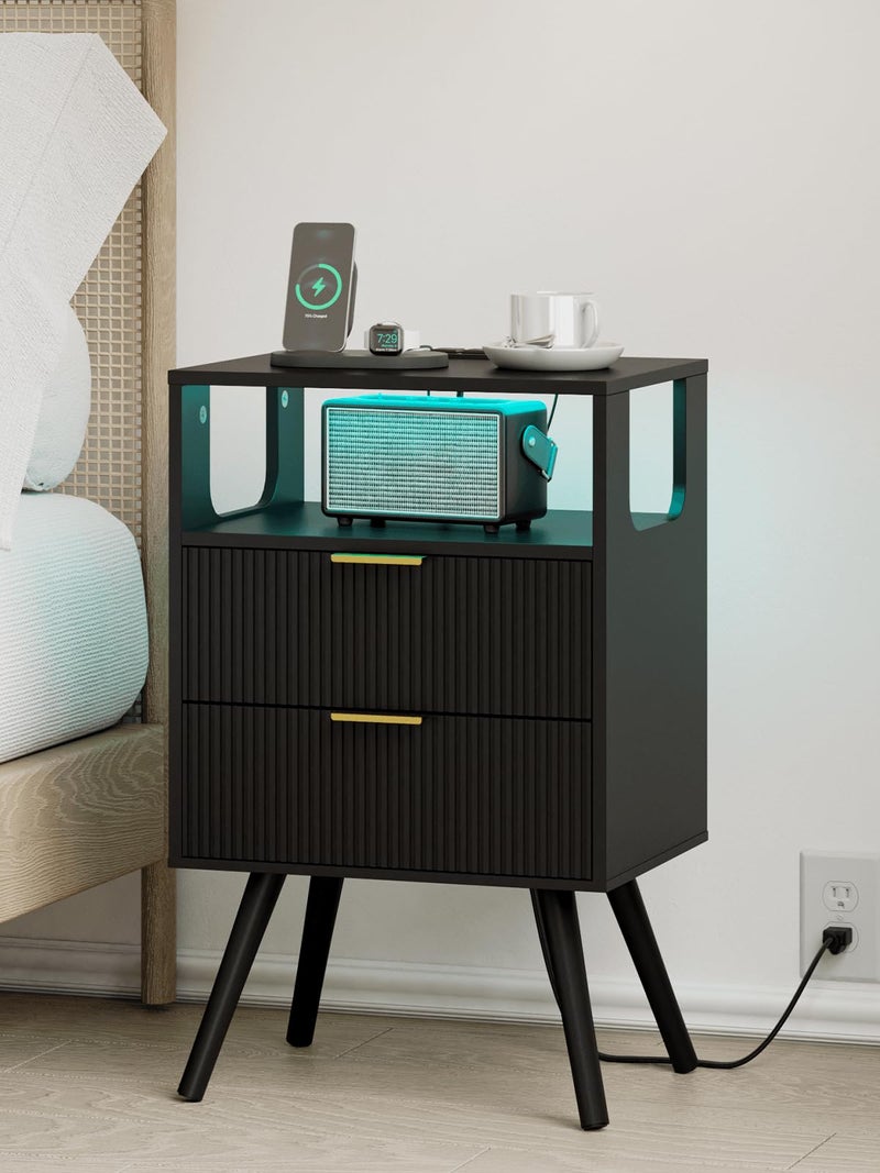 Leomonio Nightstand with Charging Station and LED Lights, Modern Bedside Table with 2 Storage Drawer and Open Wood Shelf for Bedroom and Small Spaces, Night Stand with Solid Wood Legs - Image 1