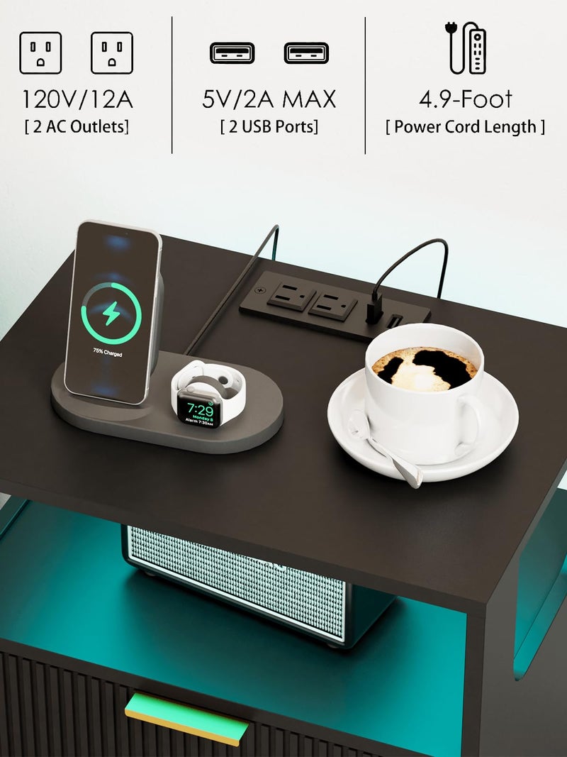 Leomonio Nightstand with Charging Station and LED Lights, Modern Bedside Table with 2 Storage Drawer and Open Wood Shelf for Bedroom and Small Spaces, Night Stand with Solid Wood Legs - Image 5