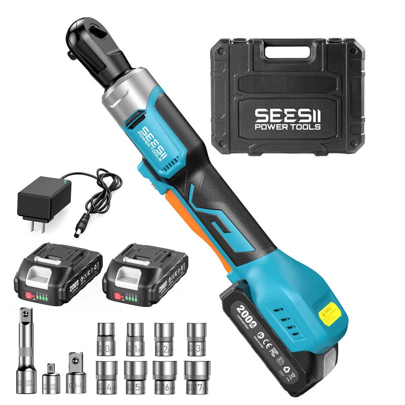 Seesii 3/8" Cordless Electric Ratchet Wrench, 60 ft-lbs (80Nm) High Torque, 21V Max, 2Ã—2.0Ah Batteries, 0â€“300 RPM Variable Speed, Fast Charger, 10â€“17mm Socket Set, Extension Bar & Carry Case - Image 1