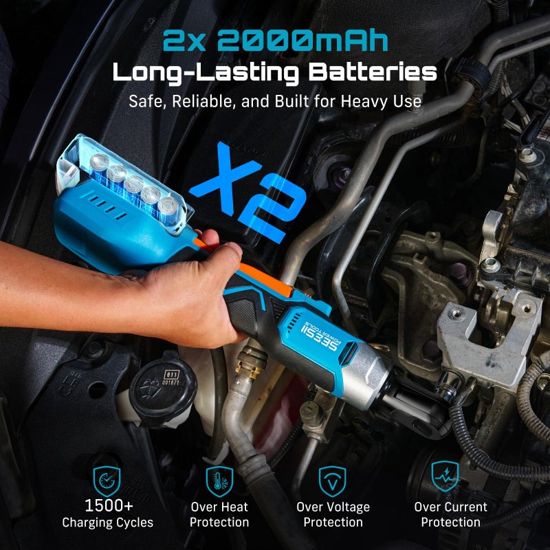 Seesii 3/8" Cordless Electric Ratchet Wrench, 60 ft-lbs (80Nm) High Torque, 21V Max, 2Ã—2.0Ah Batteries, 0â€“300 RPM Variable Speed, Fast Charger, 10â€“17mm Socket Set, Extension Bar & Carry Case - Image 3