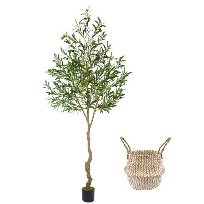 ARTIFICIAL OLIVE TREE 7FT TALL FAKE OLIVE LEAVES PLANT WITH BASKET INDOOR OUTDOOR FAUX OLIVE TOPIARY SILK TREE FOR HOME LIVINGROOM OFFICE DCOR