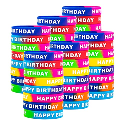 ARTLYMERS 48pcs Happy Birthday Rubber Bracelets Colored Silicone Stretch Wristbands for Birthday Party Supplies Favors 8 Styles - Image 1