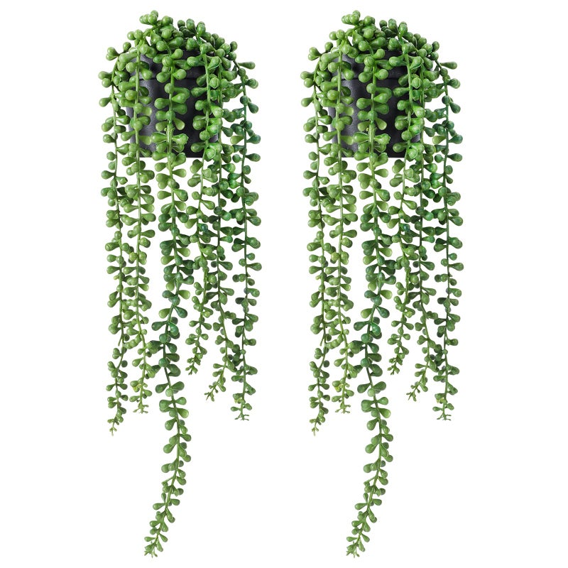 FUNARTY 2pcs Fake Plants Indoor Artificial String of Pearls Plant in Black Pots Realistic Green Fake Hanging Plants for Shelf Decor Desk Home Garden Decorations