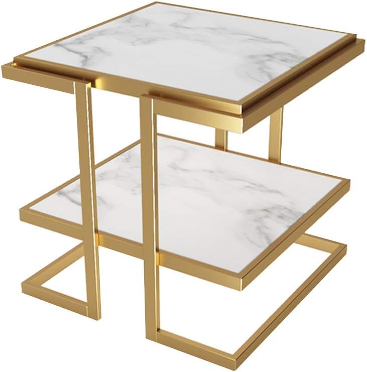 Priti Coffee Table Marble, Double Layer Iron Gold Art Square Table Decoration Living Room Balcony Outdoor Restaurant Coffee Table White - Image 1
