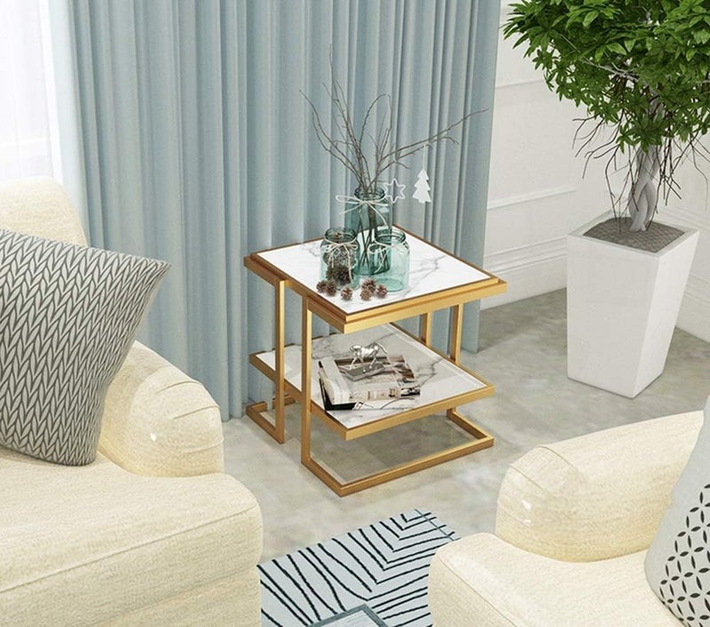 Priti Coffee Table Marble, Double Layer Iron Gold Art Square Table Decoration Living Room Balcony Outdoor Restaurant Coffee Table White - Image 2