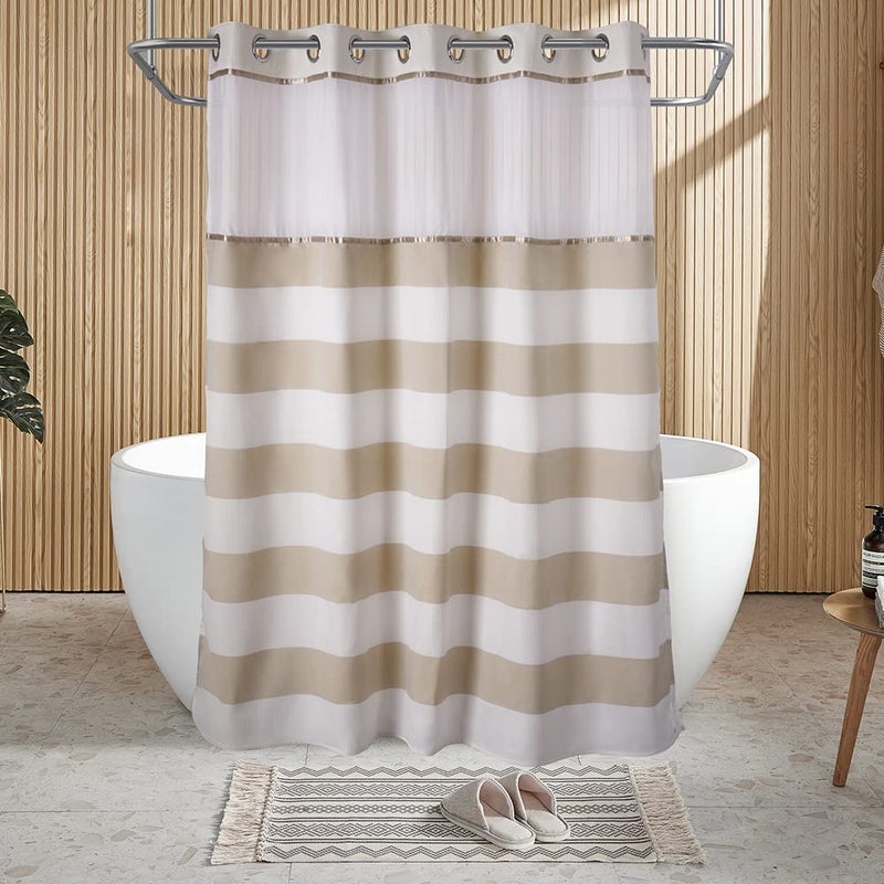 Ecoehoe 71W x74H Stripe Fabric Hook Free Shower Curtain with Polyester Magnet Snapin LinerTop See Through with Mesh Window Light BeigeWhite