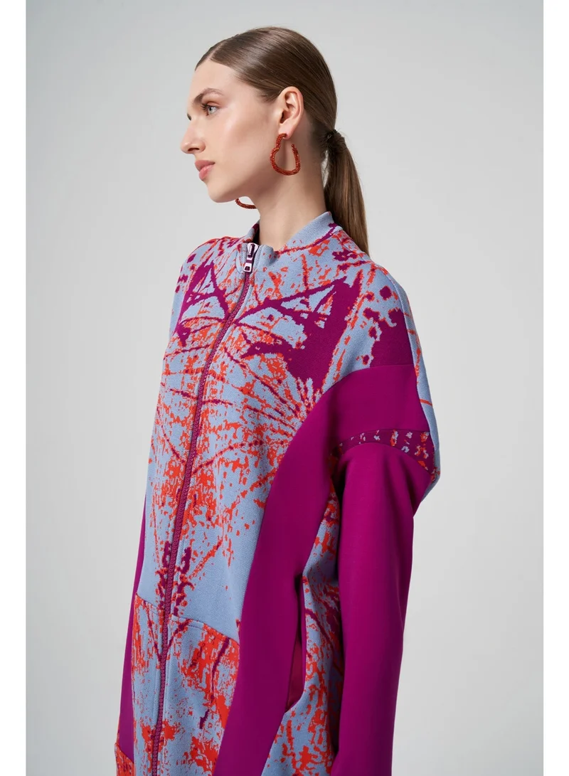 MissWhence  Patterned Zippered Coat with Faux Fur Hem Detail - Purple for Women | Best Price UAE