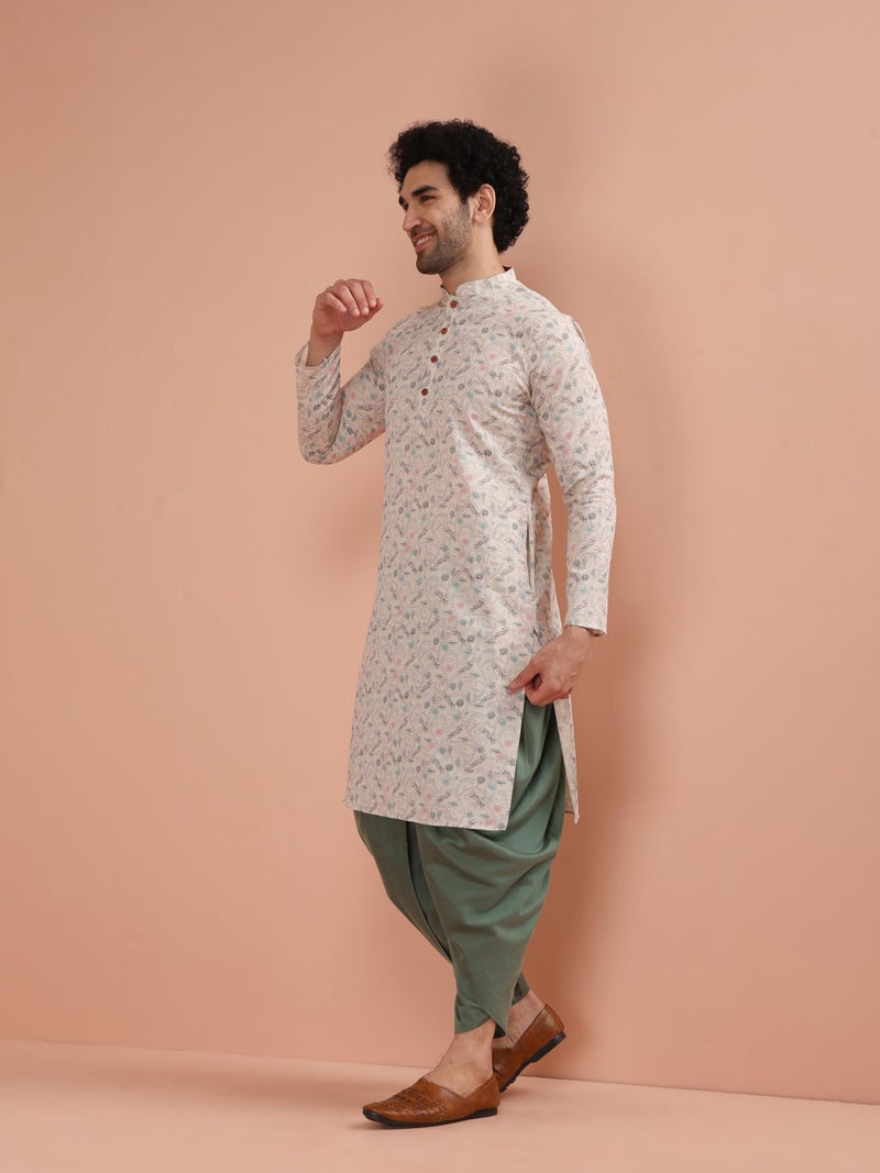 KISAH Men Multi Printed Kurta Dhoti Set with Kantha Print, 42 - Image 3