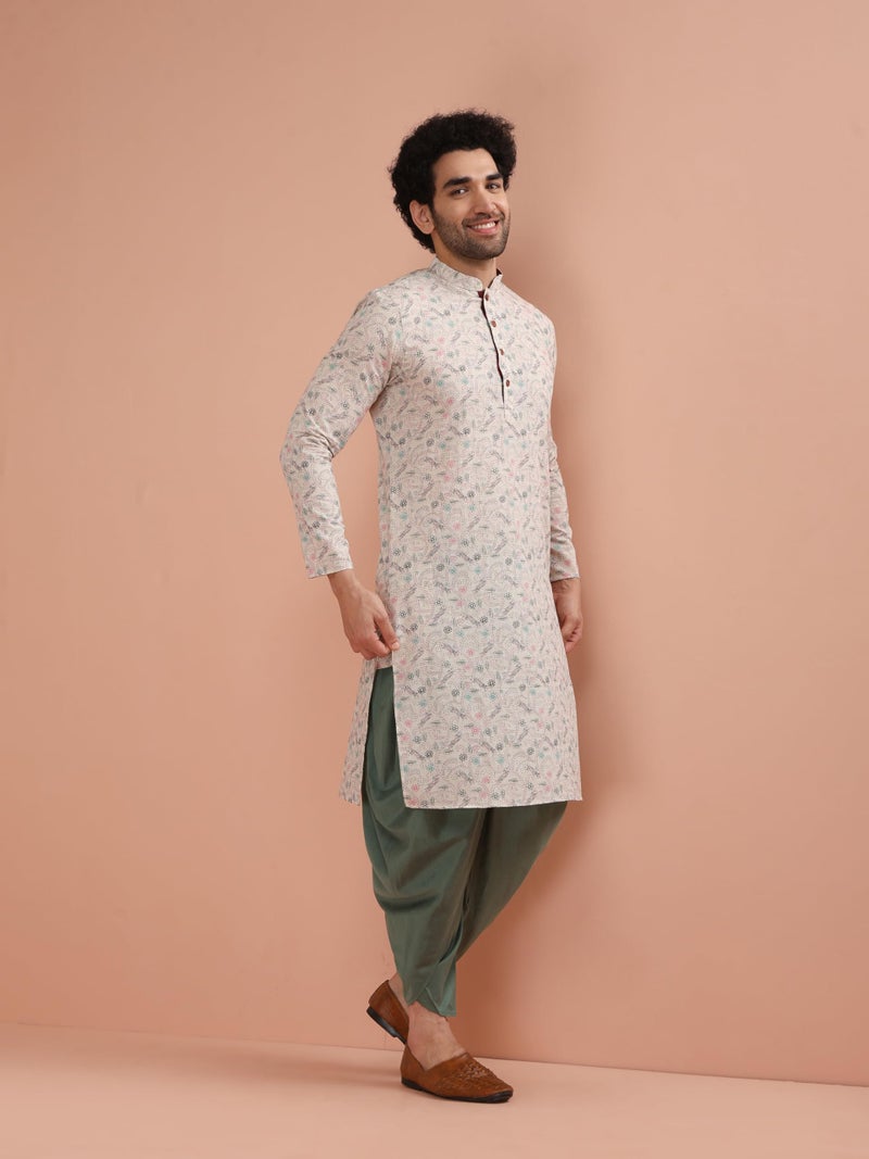 KISAH Men Multi Printed Kurta Dhoti Set with Kantha Print, 42 - Image 4