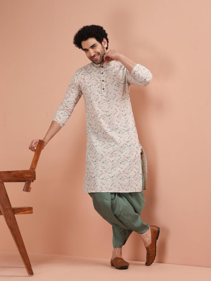 KISAH Men Multi Printed Kurta Dhoti Set with Kantha Print, 42 - Image 2