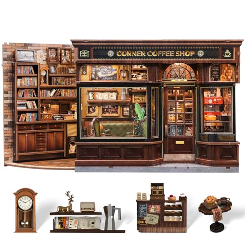 CUTEBEE Book Nook Kit DIY Miniature House Coffee Shop Dollhouse Kit for Adults Booknook Tiny House Bookshelf Decor 3D Wooden Puzzle Gifts for Family Friends Corner Coffee Shop - Image 1