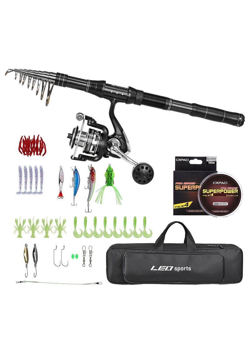 ليو عدة صيد متكاملة بعصا تلسكوبية بطول 1.8 متر مع بكرة صيد، مصنوعة من ألياف الكربون، قوة متوسطة خفيفة وحركة متوسطة سريعة، مجموعة طعوم صيد كاملة، مناسبة لصيد القاع في الأنهار والبحيرات والبحر والمياه العذبة والمالحة، طقم صيد محمول للسفر - Image 1