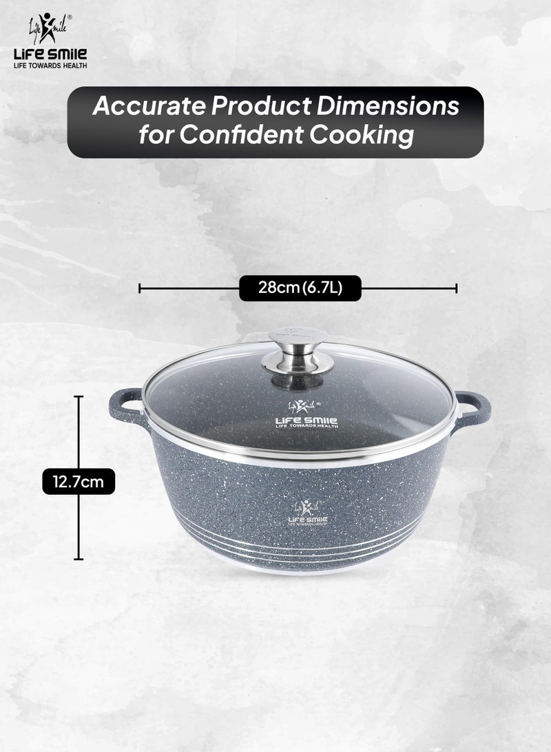 Life Smile 28cm (6.7 Liter) LIFE SMILE Non-Stick Cooking Pot | Aluminum Soup Pot With Glass Lid | 100% PFOA Free, Fixed Handle | Multi Layer Non-Stick Granite Coating | Oven safe Cookwares  - Image 3