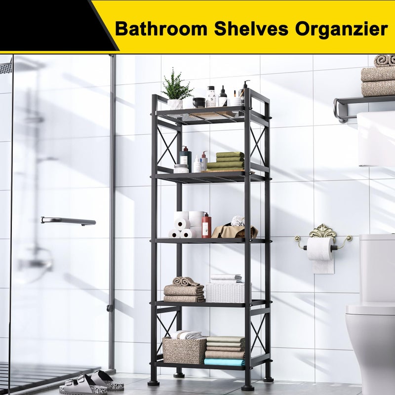 GIOTORENT Pantry Storage Shelves, 5-Tier Metal Storage Rack with X-Shaped Side Frame, Heavy-Duty Wire Shelf for Kitchen, Bathroom, Laundry Room, 120lb/Layer, Black Standing Shelves - Image 5