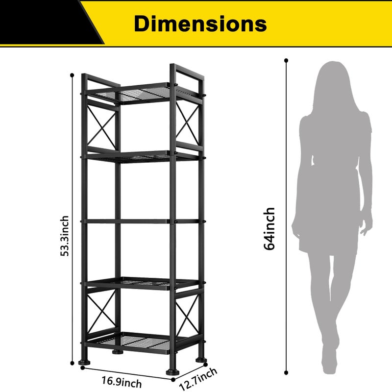 GIOTORENT Pantry Storage Shelves, 5-Tier Metal Storage Rack with X-Shaped Side Frame, Heavy-Duty Wire Shelf for Kitchen, Bathroom, Laundry Room, 120lb/Layer, Black Standing Shelves - Image 2