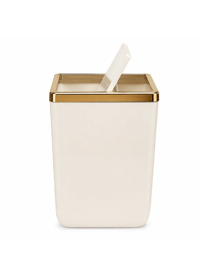 Primanova Trash Bin 6 Liters Acrylic Swing-Top Push Lid Rectangular Compact Waste Basket for Bathroom Bedroom Office 21 × 16 × 28 cm (Beige/Gold) - Image 2