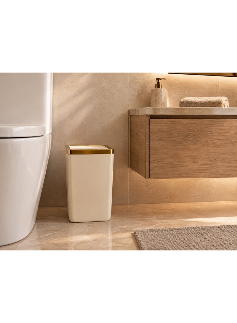 Primanova Trash Bin 6 Liters Acrylic Swing-Top Push Lid Rectangular Compact Waste Basket for Bathroom Bedroom Office 21 × 16 × 28 cm (Beige/Gold) - Image 4