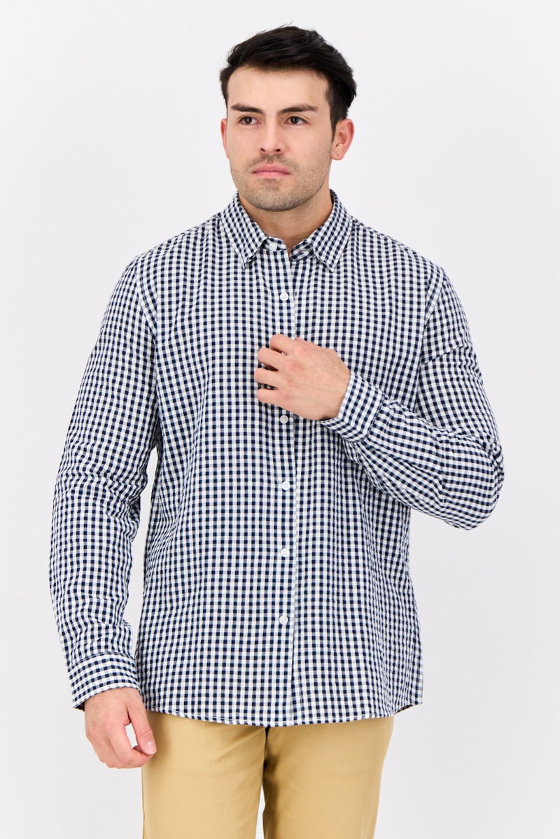 Peter Werth قمصان رجالية بأكمام طويلة بتصميم قماش غينغام، عادي، أزرق/أبيض - Image 1