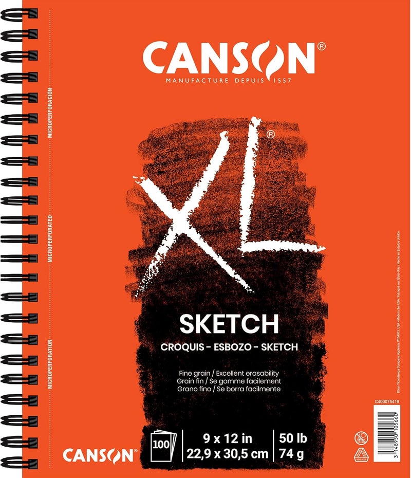 CANSON دفتر رسم كانسون XL سلسلة ورق للفحم وقلم الباستيل مع حواف جانبية 50 باوند 9 × 12 بوصة 100 ورقة - Image 1